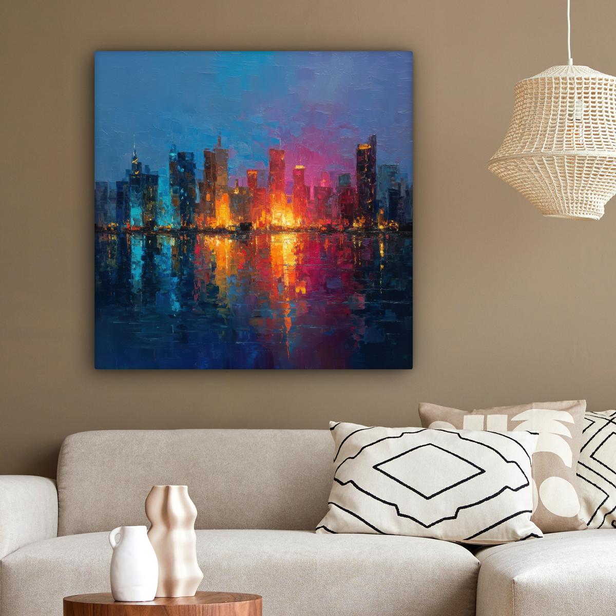 LEINWANDBILD Skyline - Pinselstriche - Dunkelblau - Leuchtend Deko Groß 90x90 cm - Blau, Textil (90/90cm) - MuchoWow