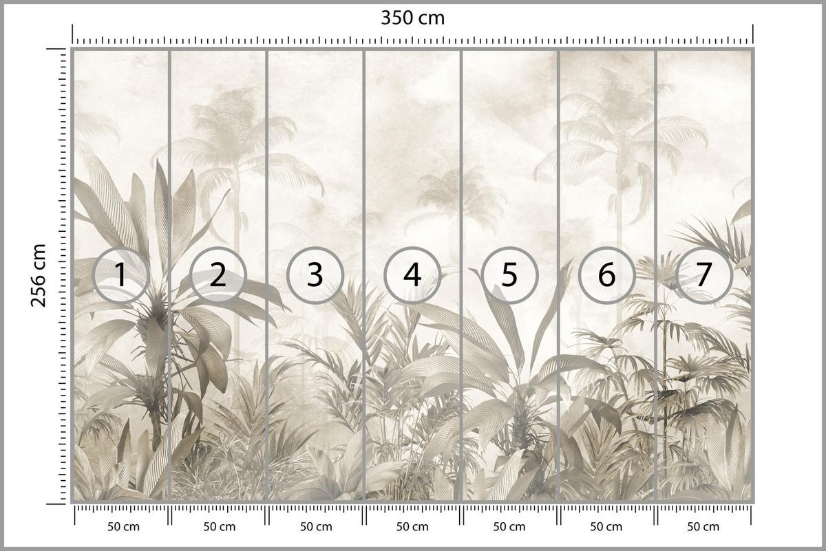 FOTOTAPETE für Wohnzimmer Vintage Tropischer Wald Palmen Blätter 350x256 - Beige/Grau, Papier (350/256cm) - Muralo