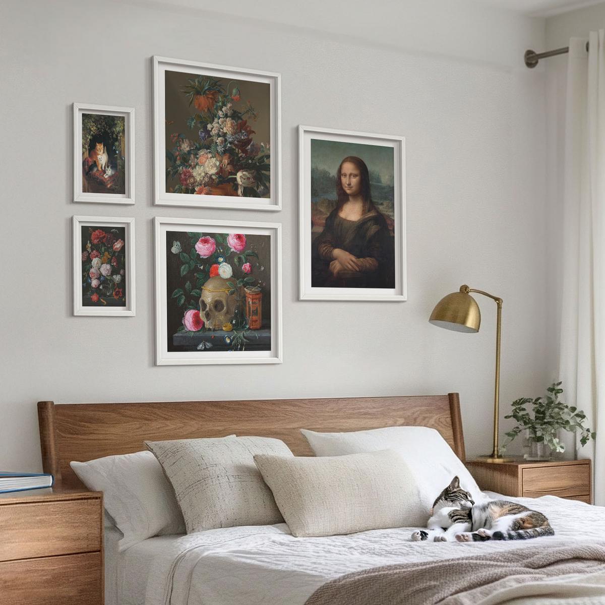 BILDER SET 5er Set - 50x50 cm & 20x30 cm & 40x60 cm Weißer Rahmen - Vintage Blumen Totenkopf Mona Lisa - Weiß, Kunststoff (40/60cm) - TULUP