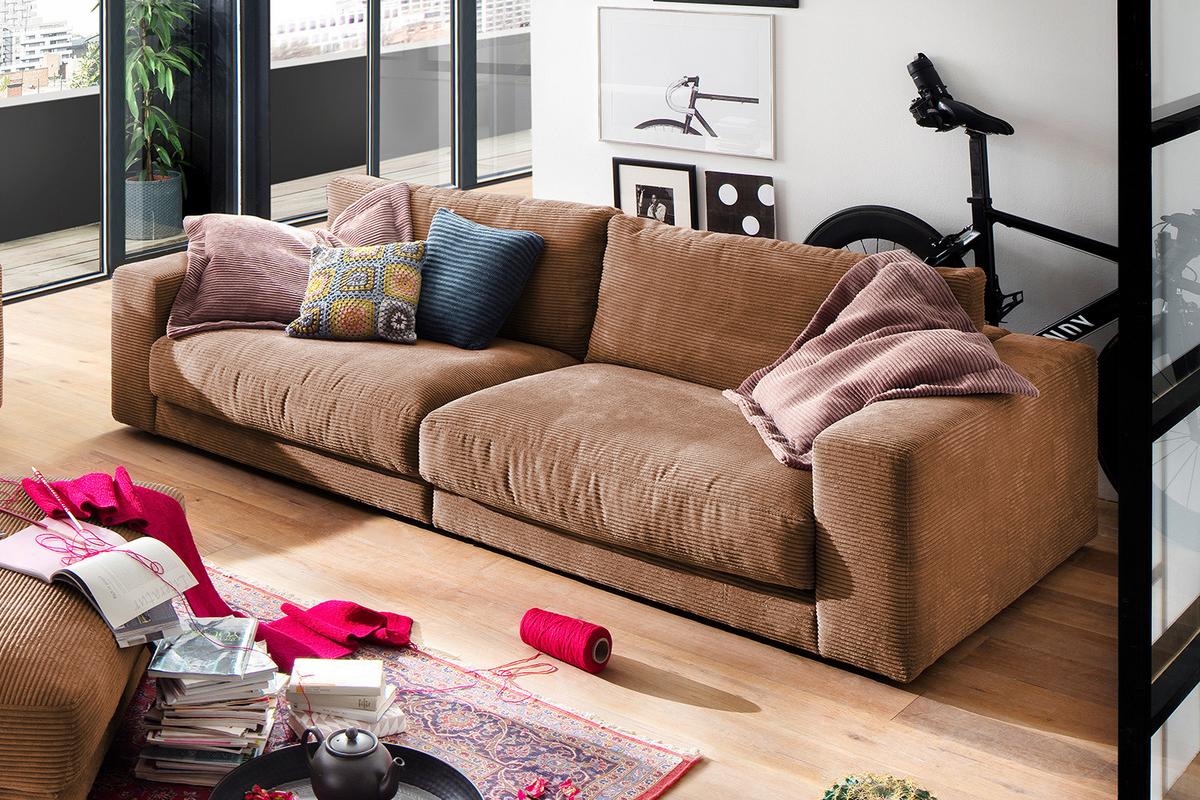 SOFA 3-SITZER MADELINE Braun Cord - Schwarz/Braun, Textil (290/85/127cm) - KAWOLA