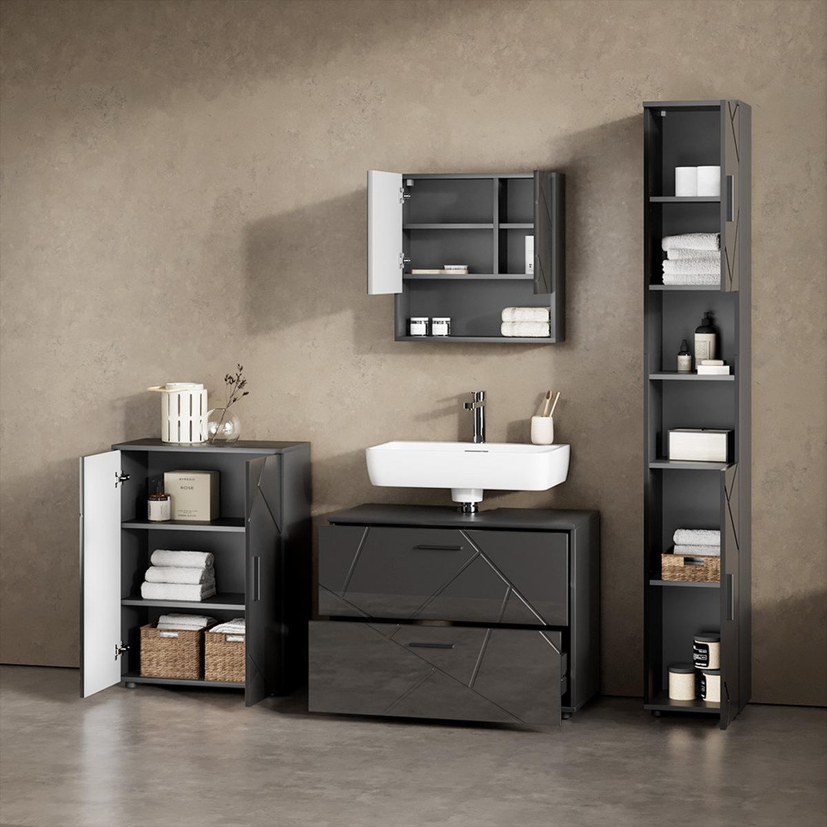 BADMÖBEL-SET Ronco Anthrazit Hochglanz 4 Teile, mit Schubladenschrank und Midischrank - Schwarz Hochglanz, Holzwerkstoff (80/58/41cm) - Livinity®