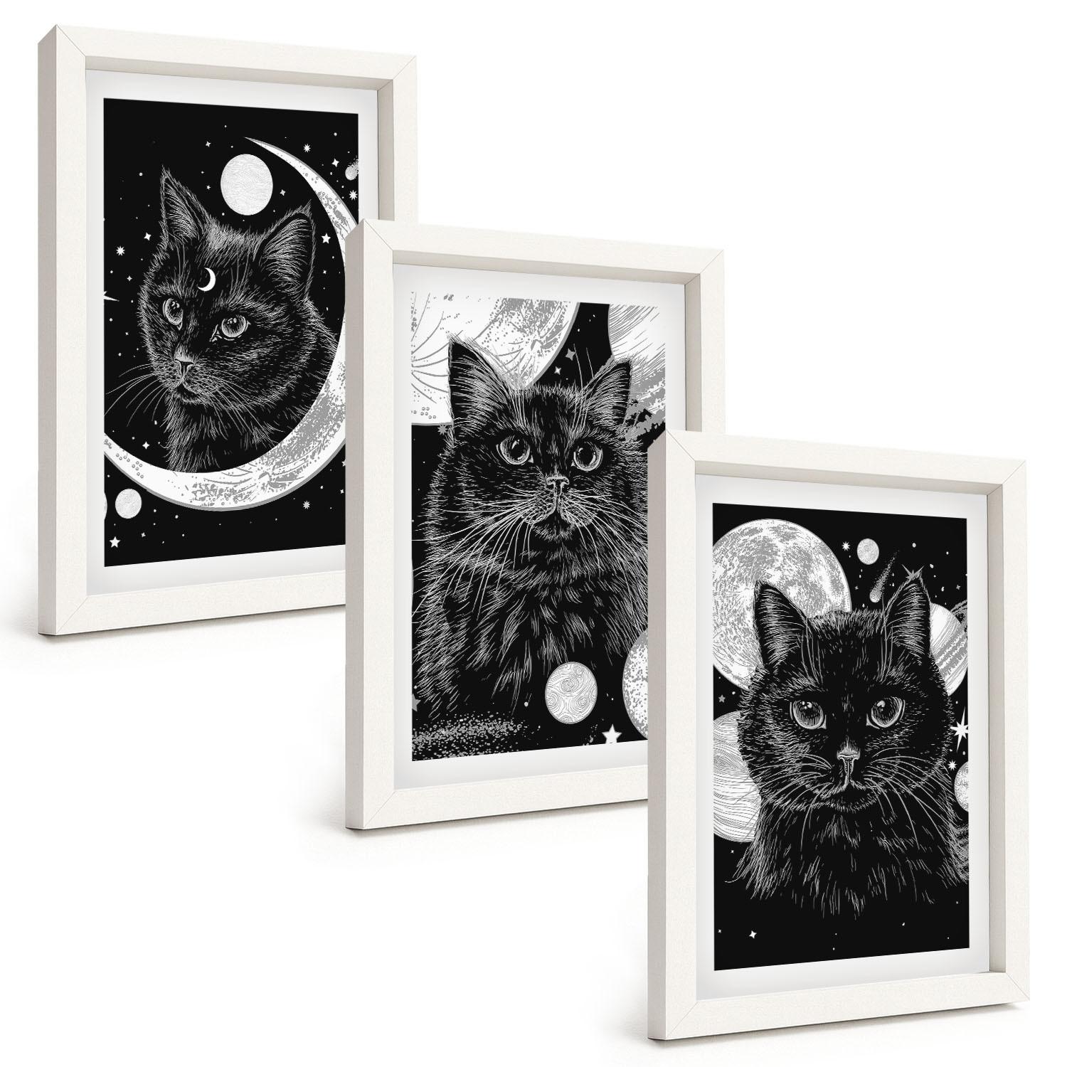 BILDER SET 3er Set - 20x30 cm Weißer Rahmen - Schwarze Katzen, Mond, Weltraum - Weiß, Kunststoff (20/30cm) - TULUP
