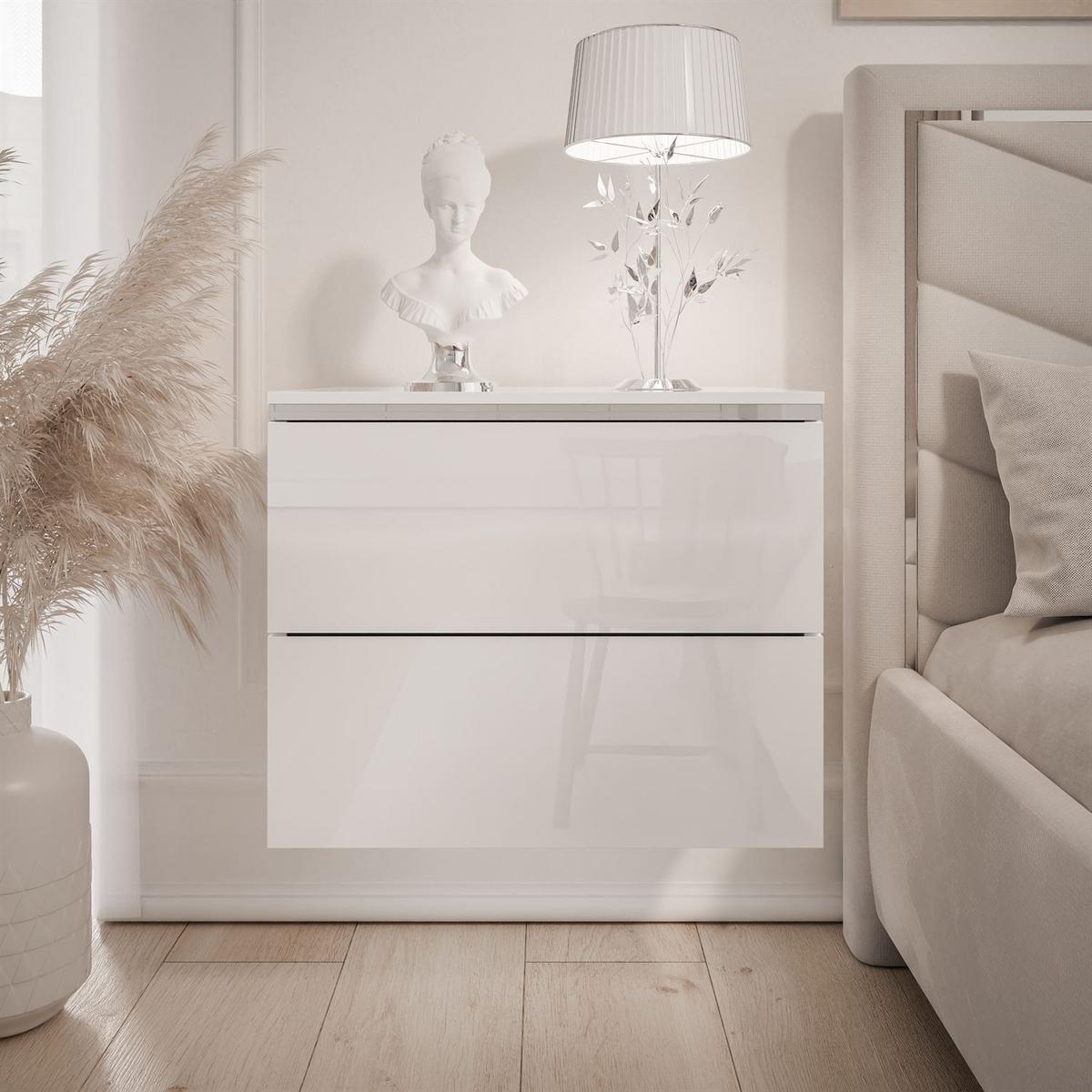NACHTTISCH AURORA II SILVER Hochglanz Weiß mit LED-Beleuchtung – Hängend - Weiß Hochglanz, Holzwerkstoff (50/40/37cm) - Lookway