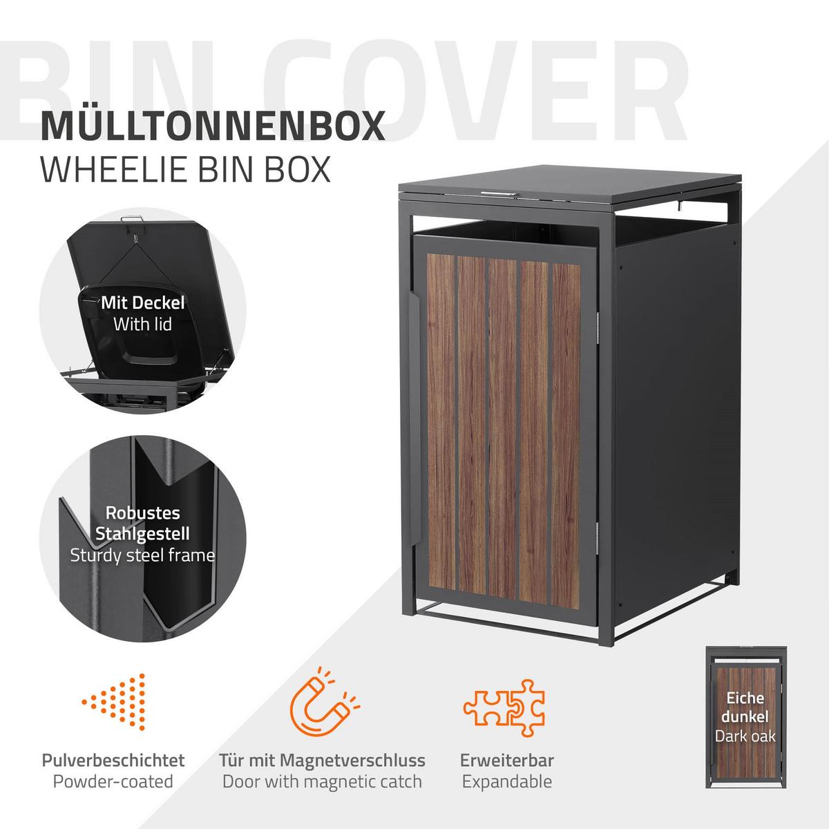 MÜLLTONNENBOX 1er 240L 68x80x120 cm Anthrazit-Eiche dunkel aus Stahl - Dunkelbraun, Metall (80/120/68cm) - ML-DESIGN