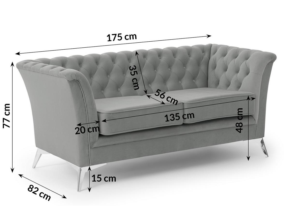 CHESTERFIELD-SOFA 2-sitzer Whitby Grau Samt mit silbernen Füßen - Silberfarben/Grau, Holz/Textil (175/78/82cm) - S-Style Möbel