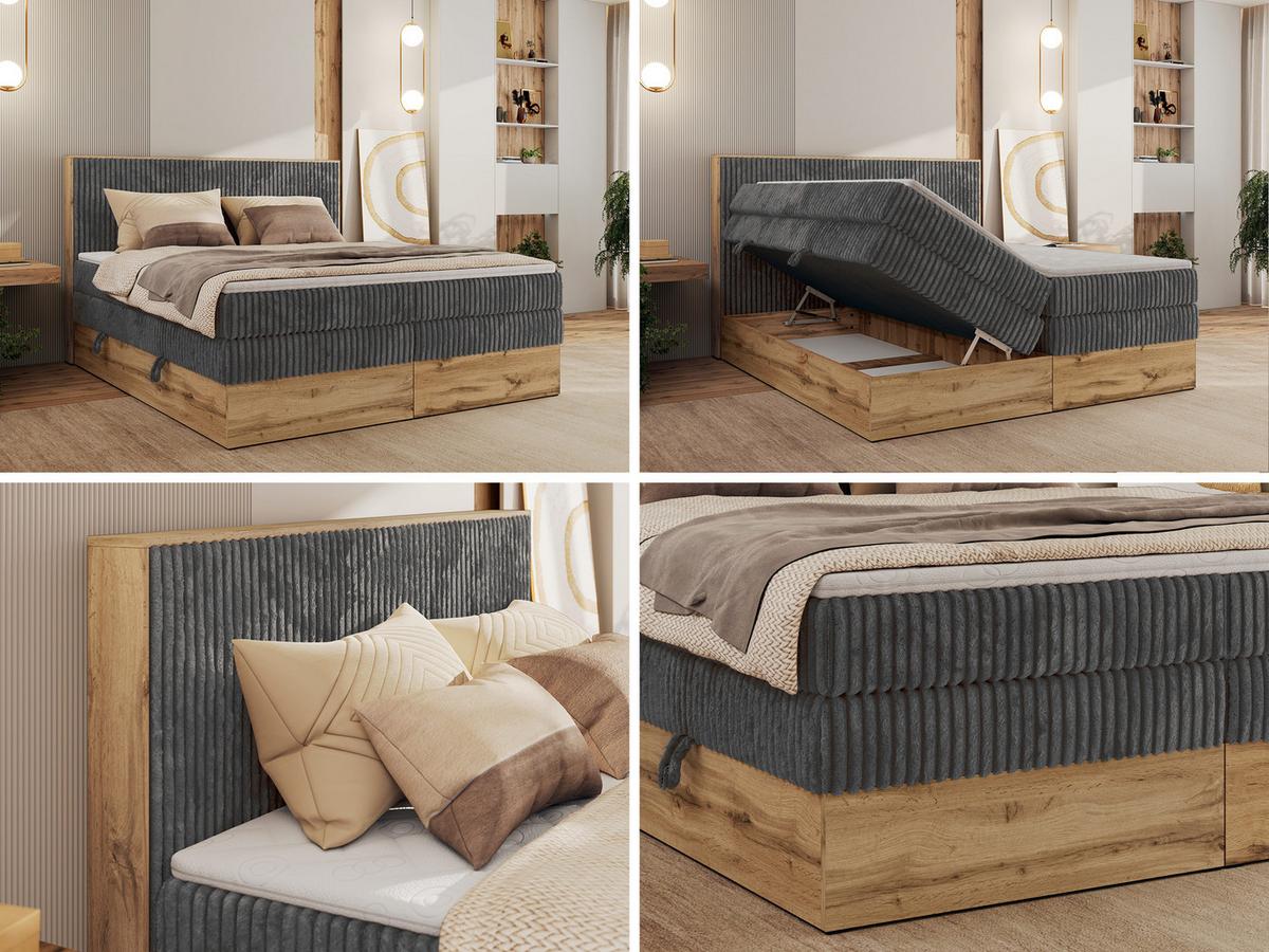 BOXBETT WOOD CLASSIC KING 200/200 - Grau Cord - H3 - Grau, Textil (200/200cm) - MKS
