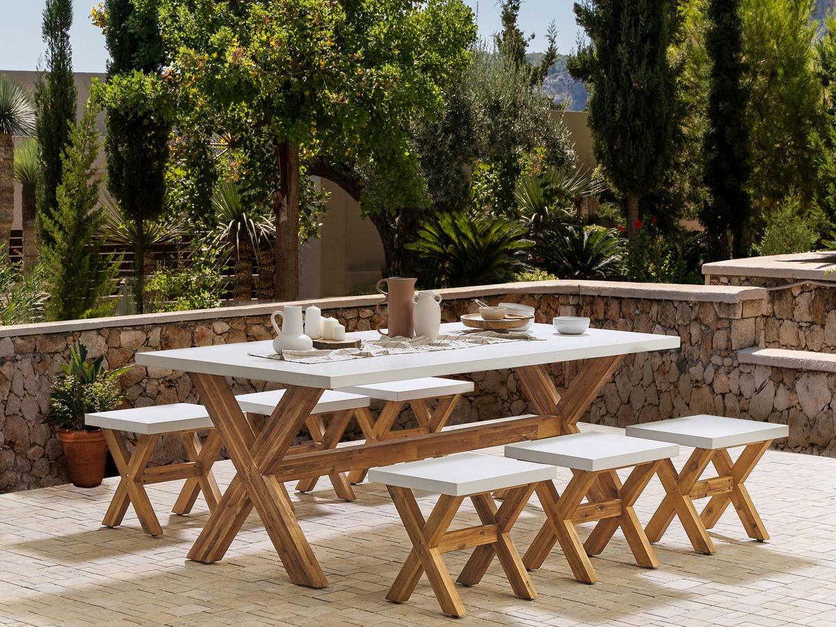 GARTENMÖBEL SET 6-Sitzer Faserzement weiß 7-teilig Olbia - Hellbraun/Weiß, Stein - Beliani