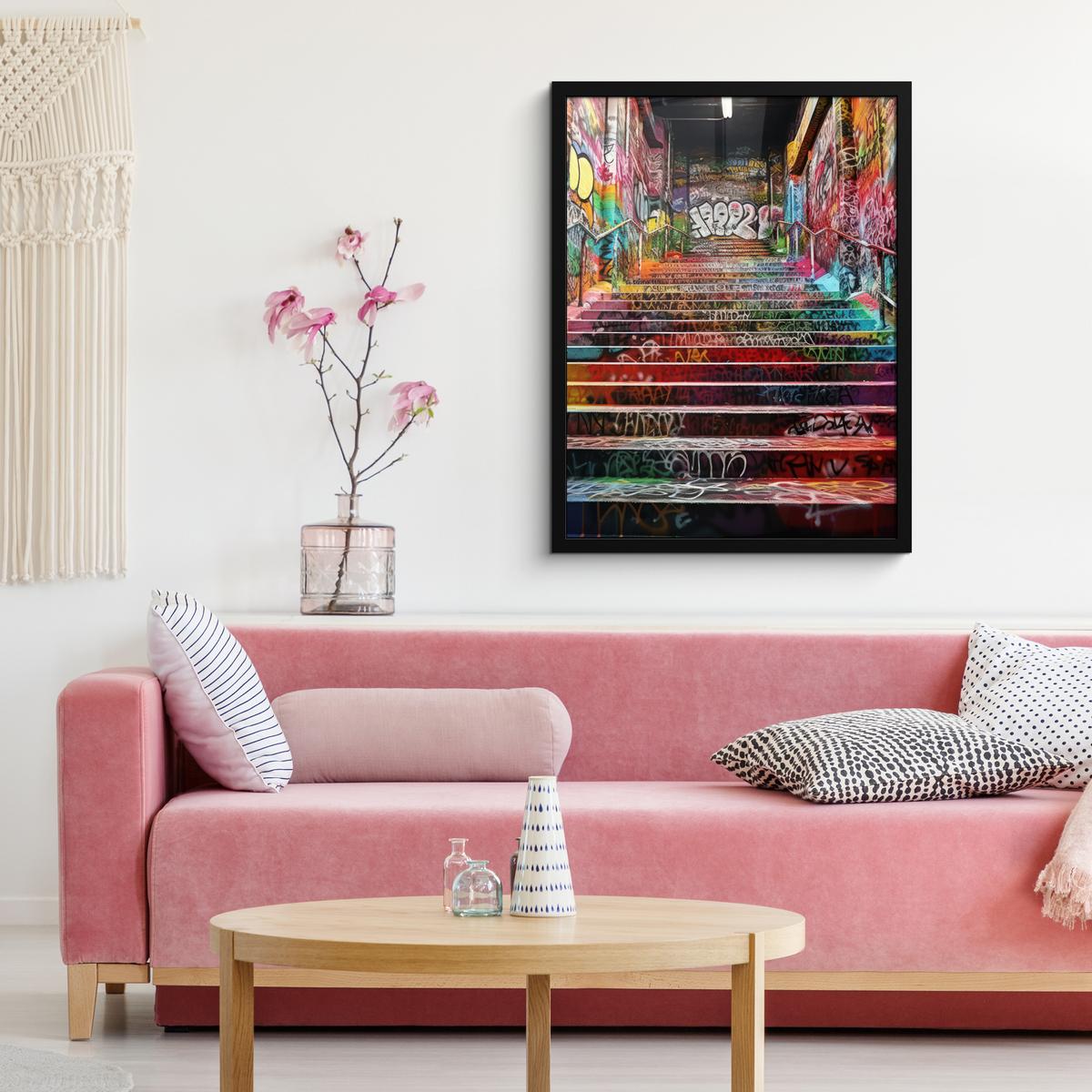 POSTER MIT RAHMEN Treppe - Graffiti - Farben - Kunst Posterleiste 60x80 cm - Multicolor, Papier (60/80cm) - MuchoWow
