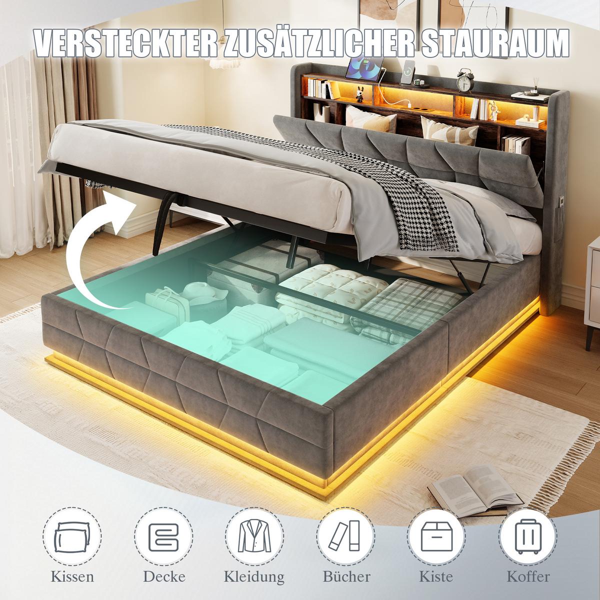 POLSTERBETT samt dunkelgrau 160x200 cm mit led-beleuchtung & usb-ladestation - Dunkelgrau, Textil (160/200cm) - Urban Meuble