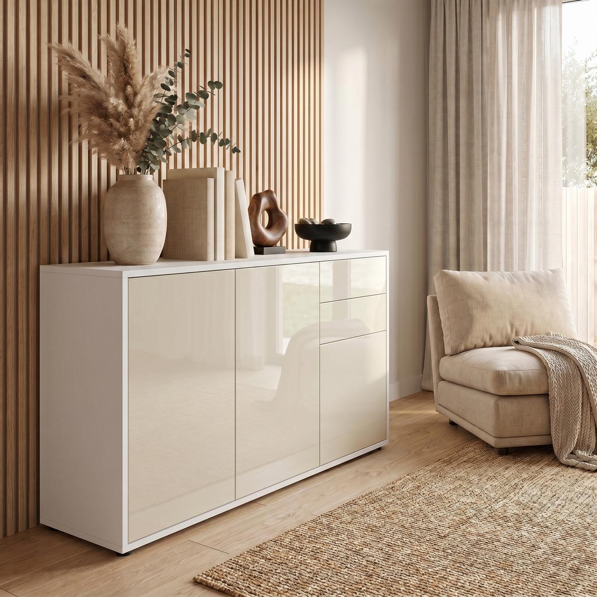 KOMMODE Ben Front in Creme Hochglanz - Creme, Holzwerkstoff (117/74/36cm) - Vladon