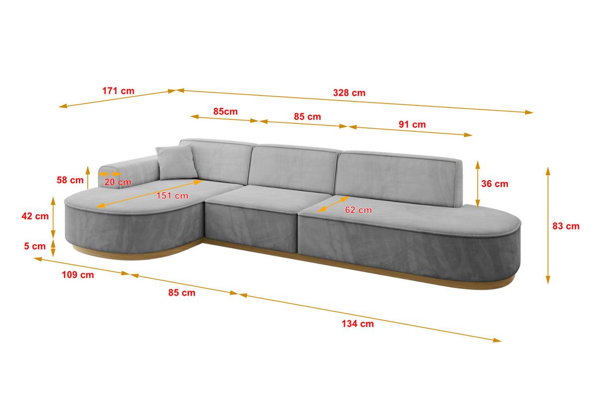 ECKSOFA Ottomane Links MARI-L2-v2 - 328x171x83 cm Grau Velours - Grau, Holzwerkstoff/Textil (328/171cm) - ALTDECOR