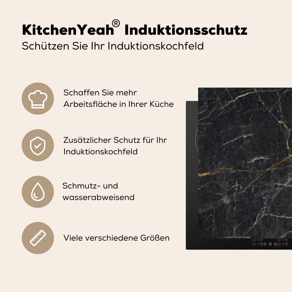 HERDABDECKPLATTE Marmor - Schwarz - Gold - Grau - Marmorstruktur Herdabdeckung Induktionsfeld 60x52 cm - Goldfarben, Kunststoff (60/52/0.2cm) - MuchoWow