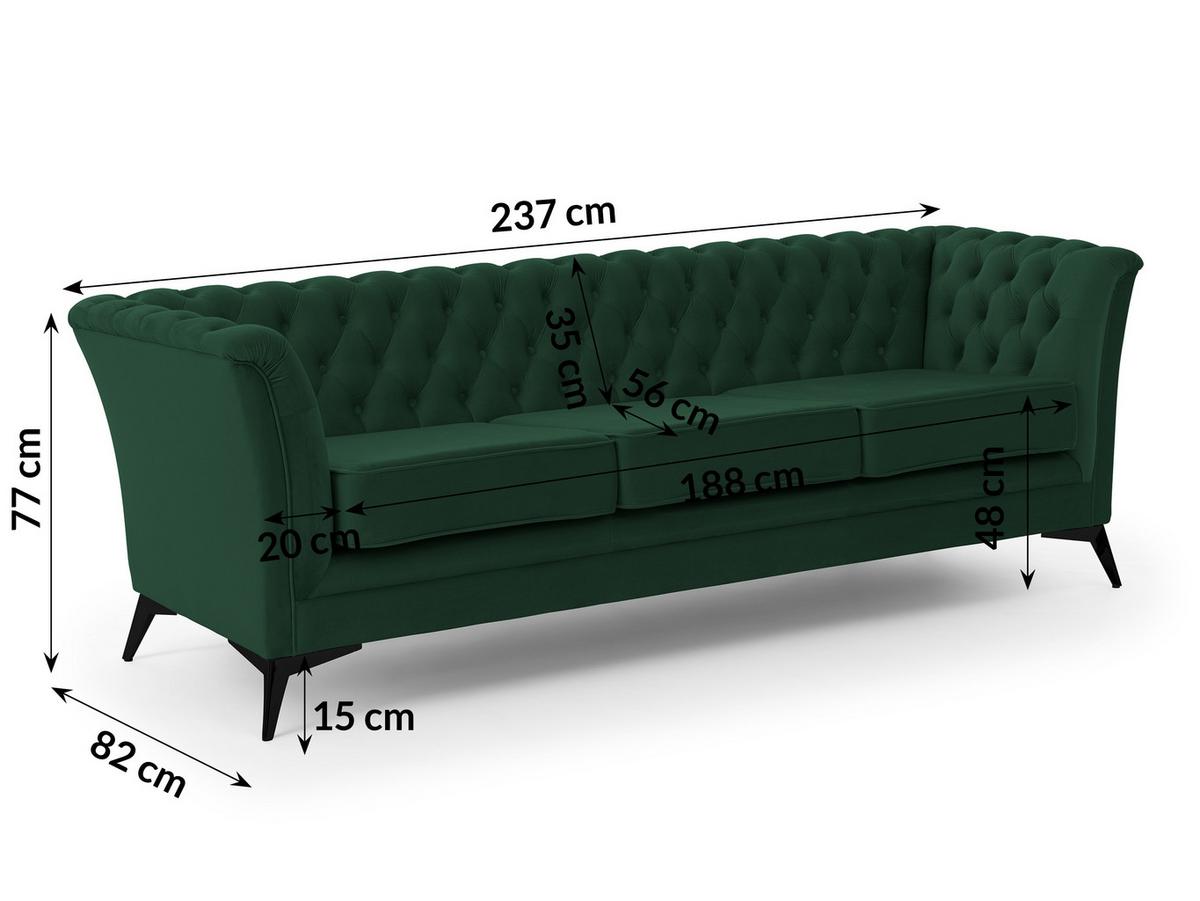 CHESTERFIELD-SOFA 3-sitzer Whitby Flaschengrün Samt mit schwarzen Füßen - Dunkelgrün/Schwarz, Holz/Textil (237/78/82cm) - S-Style Möbel