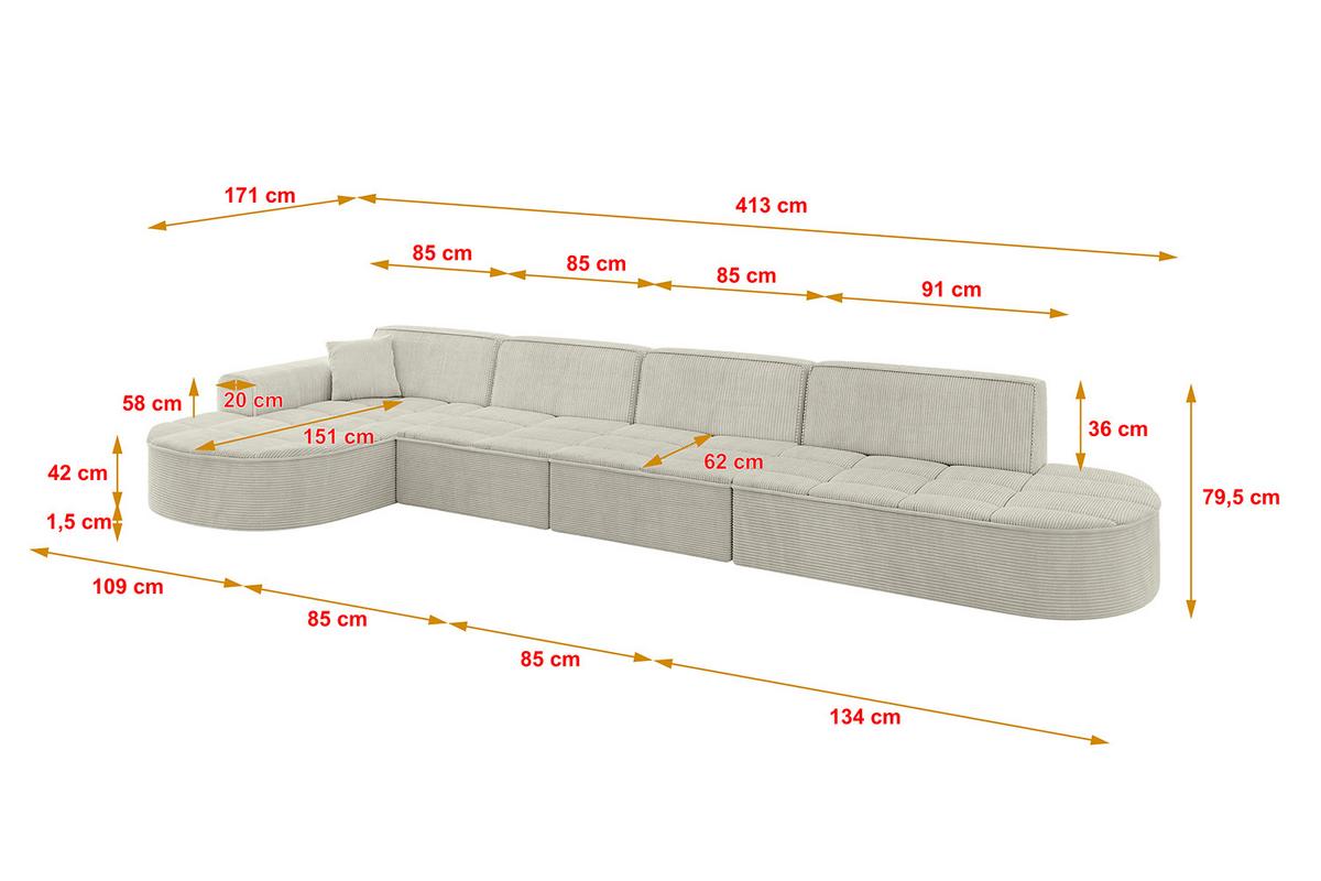 ECKSOFA Ottomane Links TARO-L3 - 413x171x79,5 cm Creme - Hellgrau/Creme, Holzwerkstoff/Textil (413/171cm) - ALTDECOR