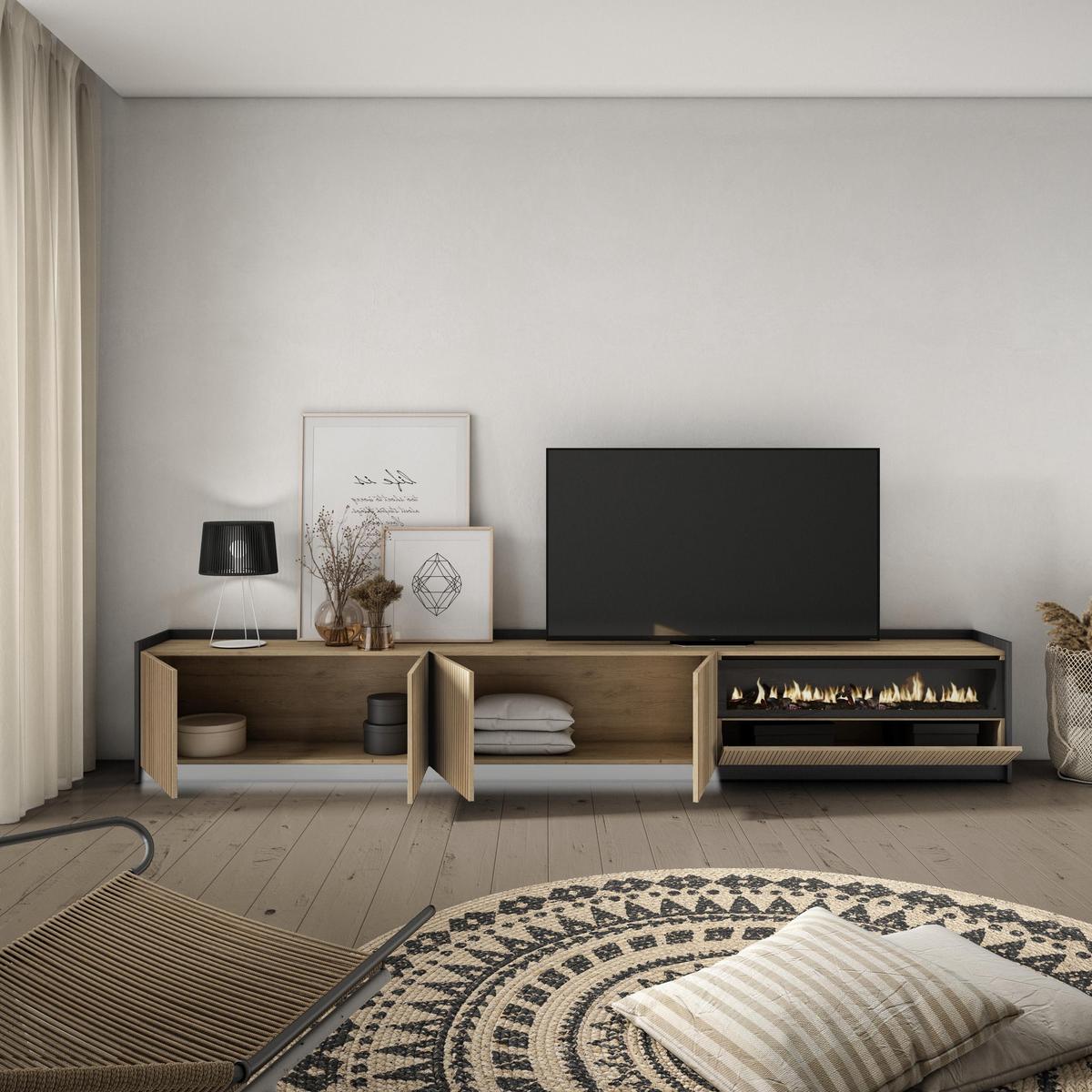LOWBOARD, Eiche und Schwarz, 310/37/50cm, Elektrokamin, Led - Eichefarben, Holzwerkstoff (310/50/37cm) - Skraut Home