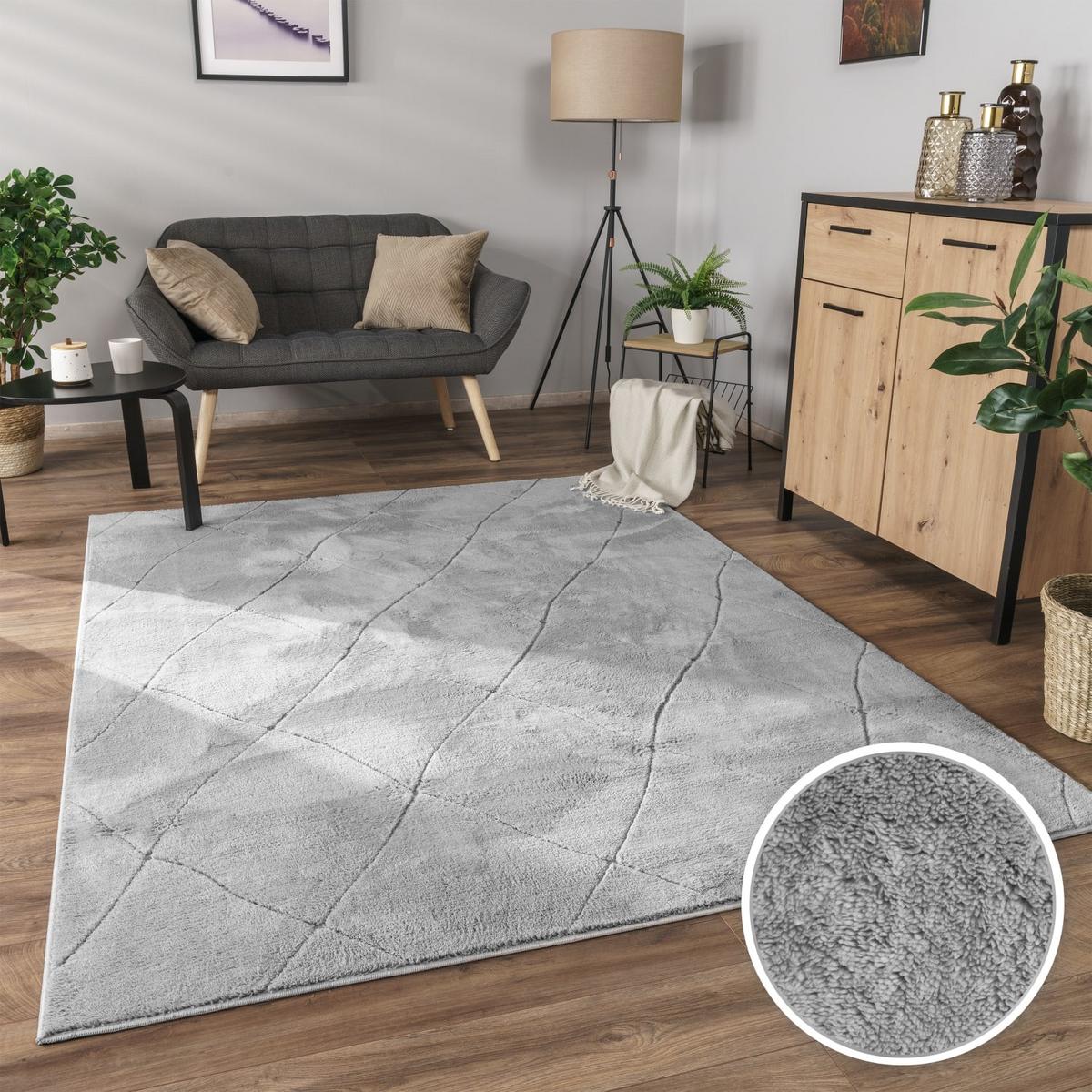 KURZFLORTEPPICH Waschbar, mit Rauten-Struktur, Grau, 120 x 160 cm - Grau, Textil (160/120cm) - KADIMA DESIGN