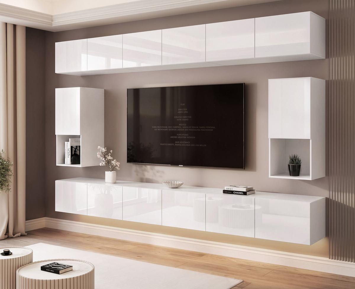 WOHNWAND ANGEL LINE IV 4-teilig, mit LED-Beleuchtung, Weiß Hochglanz - Weiß Hochglanz, Holzwerkstoff (300/162/40cm) - Idohome