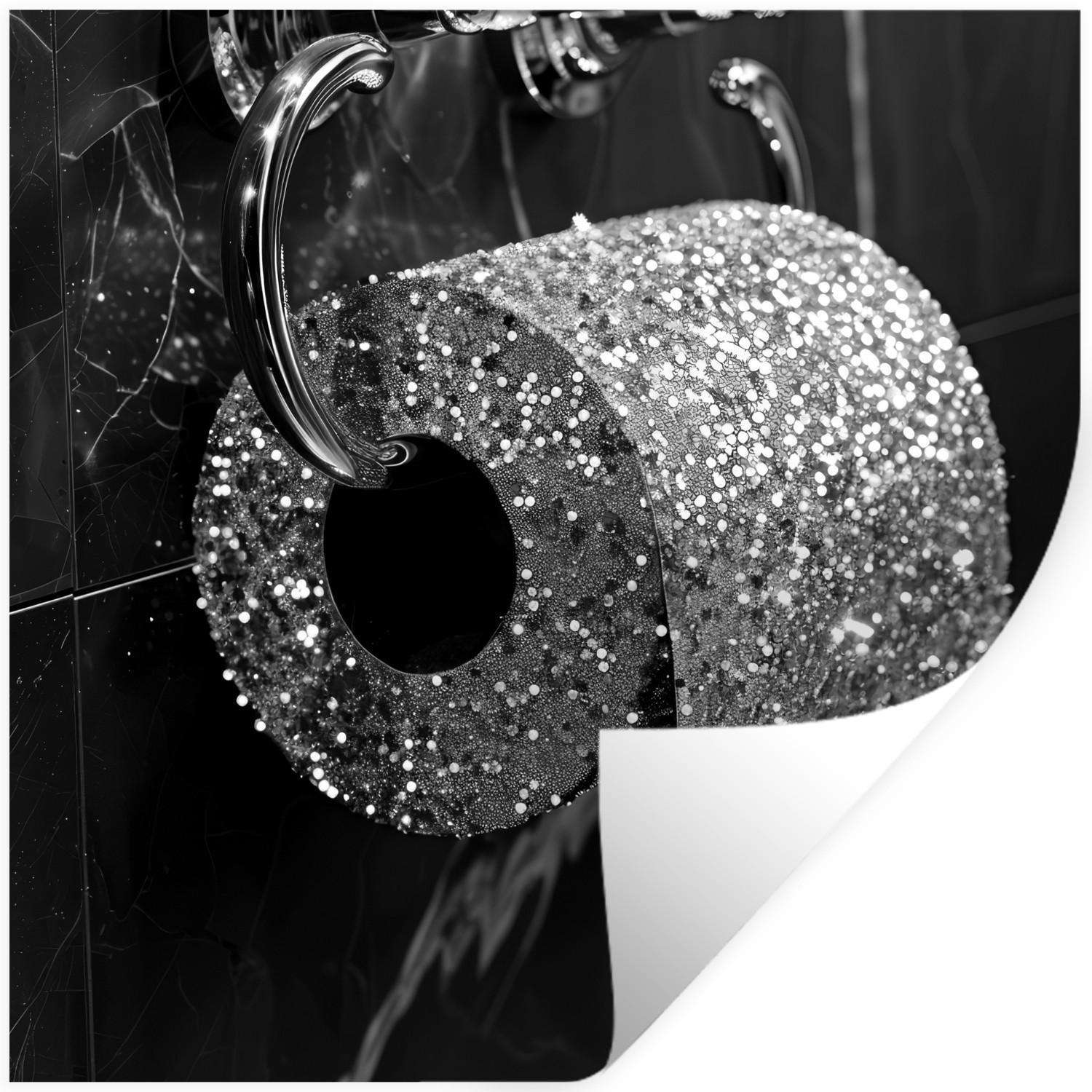 WANDTATTOO WC - Toilettenpapier - Schwarz und weiß - Glitter Wanddeko 50x50 cm - Silberfarben, Kunststoff (50/50/0.1cm) - MuchoWow