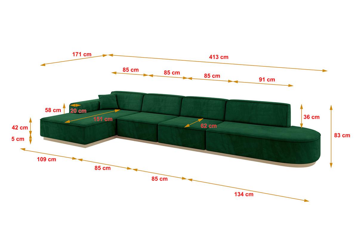 ECKSOFA Ottomane Links IREA-L3 - 413x171x83 cm Grün - Grün, Holzwerkstoff/Textil (413/171cm) - ALTDECOR