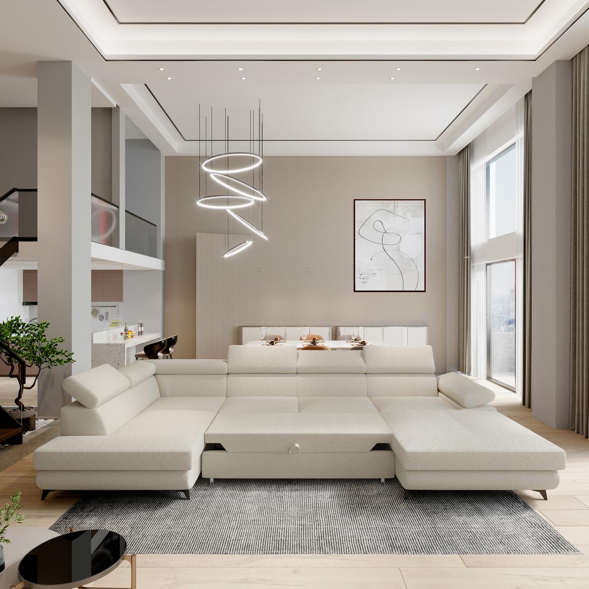 WOHNLANDSCHAFT RUBANO L-S Creme Boucle-Stoff mit Schlaffunktion - Creme, Holz (339/89/190cm) - MASSENO