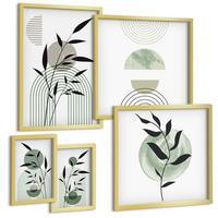 BILDER SET 5er Set - 50x50 cm & 20x30 cm & 40x60 cm Goldrahmen - Boho-Pflanzenkompositionen - Goldfarben, Kunststoff (40/60cm) - TULUP