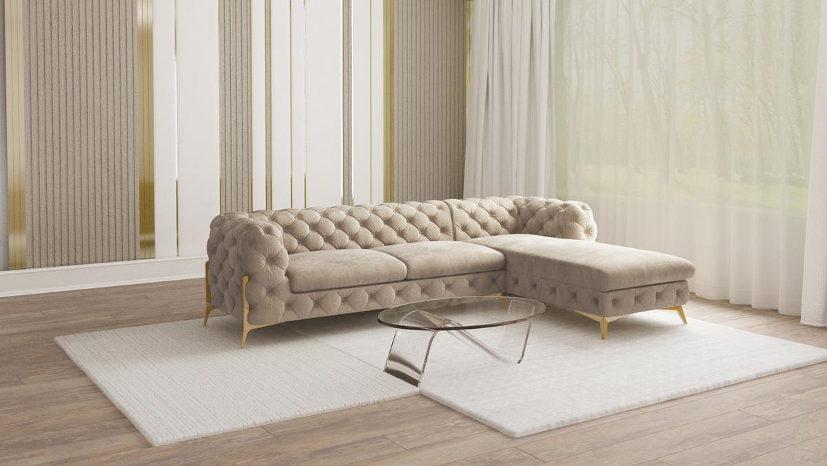 ECKSOFA Chesterfield Lexi Dunkle Creme Samt, Ottomane rechts - Goldfarben/Creme, Holz/Textil (305/200cm) - S-Style Möbel