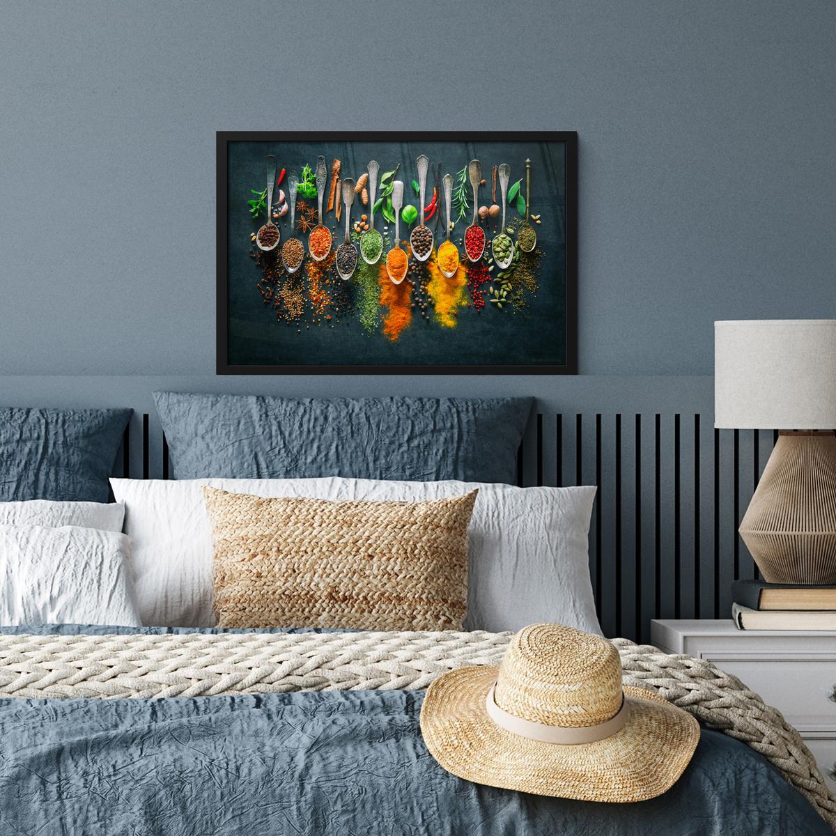 POSTER MIT RAHMENGERAHMTES BILD Kräuter - Gewürze - Löffel 60x40 cm - Currygelb, Papier (60/40cm) - MuchoWow