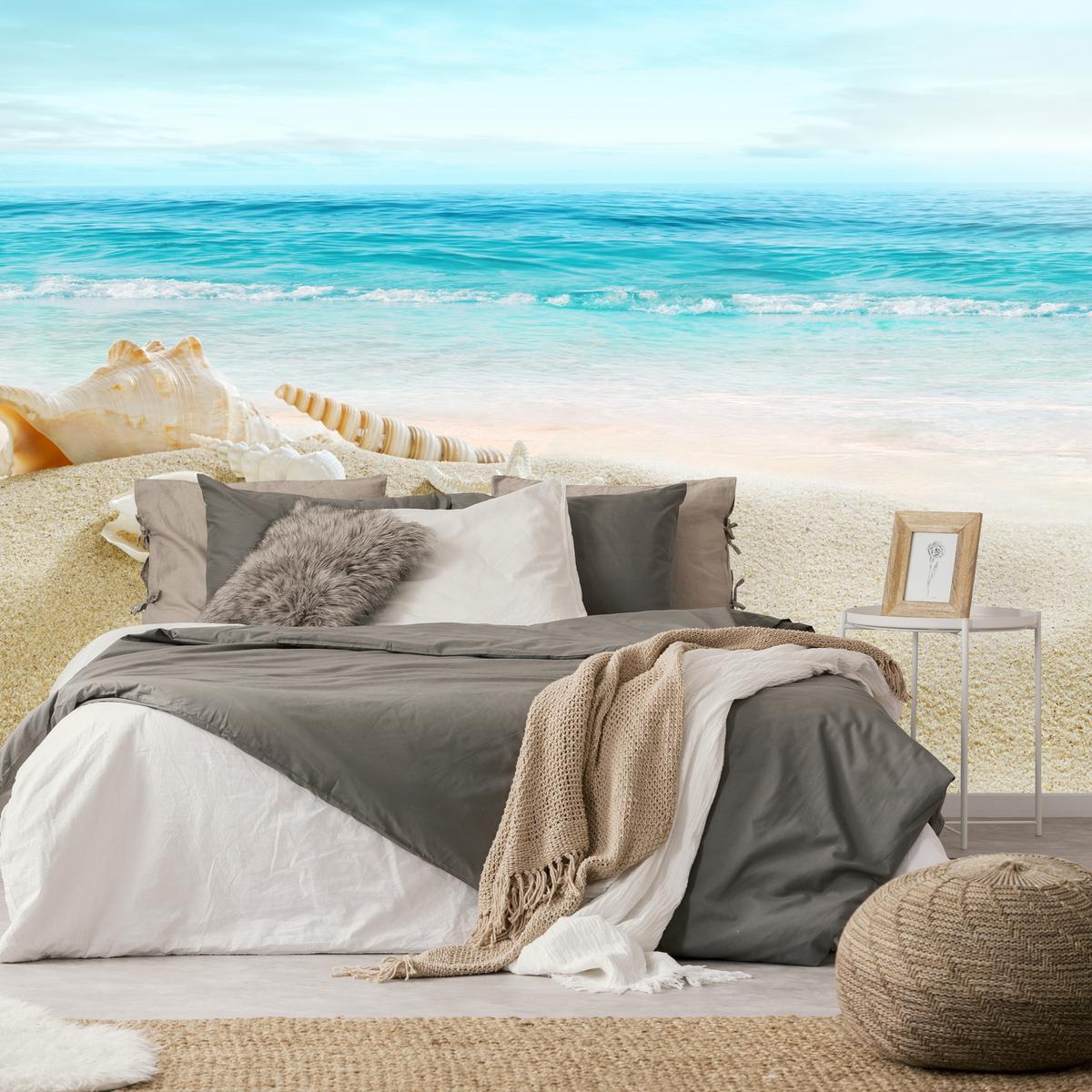 FOTOTAPETE für Badezimmer Muscheln Strand Sand Wellen Meer 500x350 - Beige/Weiß, Papier (500/350cm) - Muralo