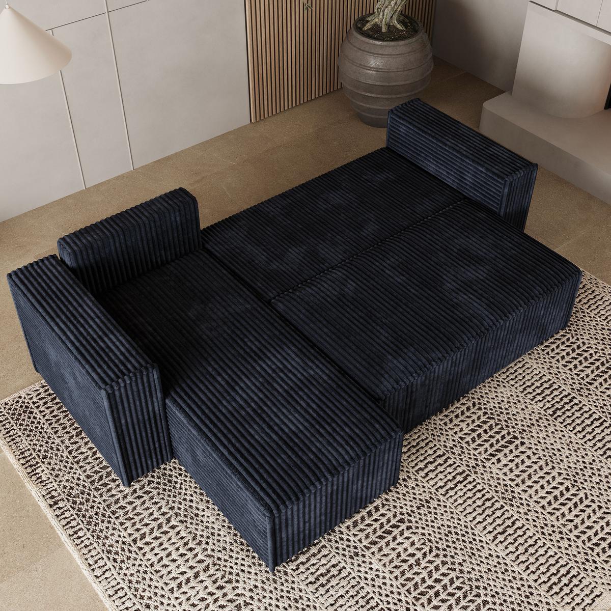 ECKSOFA RAVELO T Schwarz Kordstoff mit Schlaffunktion - Schwarz/Grau, Holz/Kunststoff (240/140cm) - MASSENO