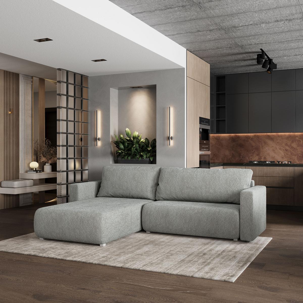 ECKSOFA TURIN N Hellgrau Bucle-Stoff mit Schlaffunktion - Hellgrau/Grau, Holz/Kunststoff (265/183cm) - MASSENO