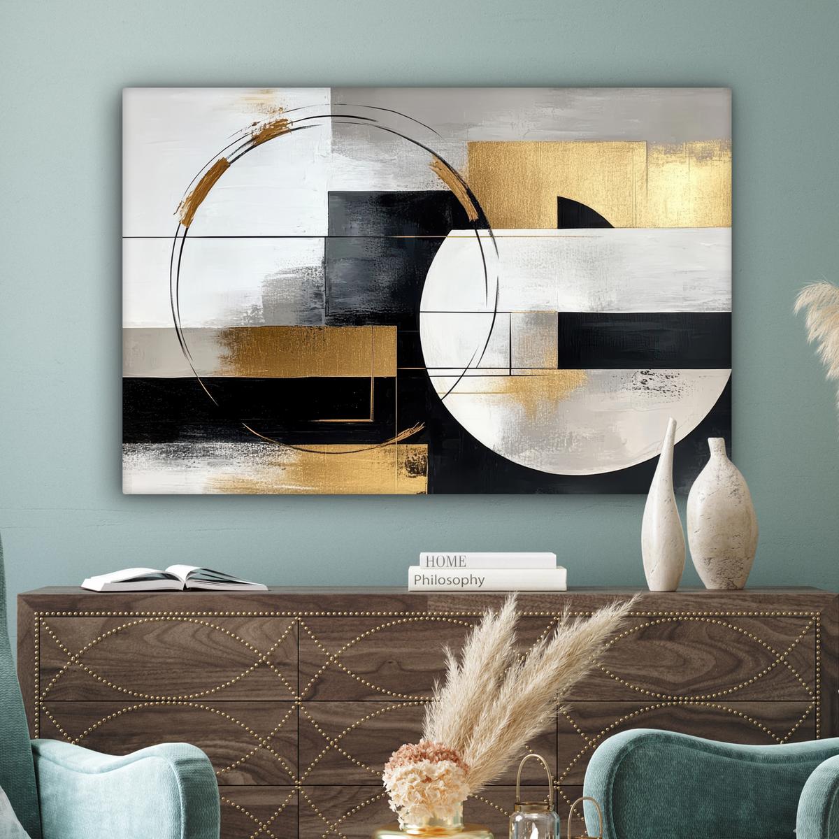 LEINWANDBILD Abstrakt - Gold - Silber - Formen - Ästhetik Wohnzimmer Groß 120x80 cm - Multicolor, Textil (120/80cm) - MuchoWow