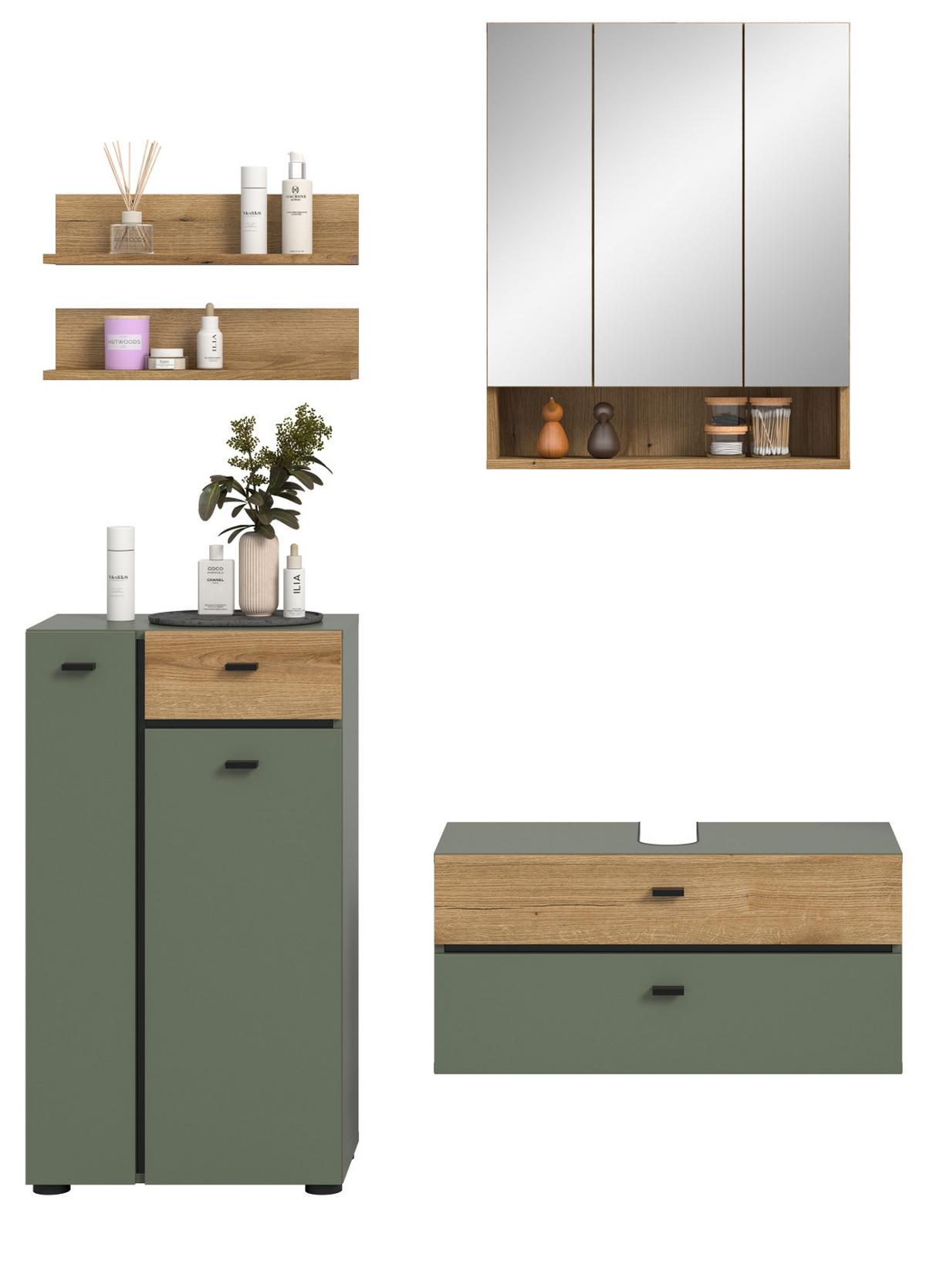 BADMÖBEL-SET grün, Evoke Eiche 5-teilig 141 cm, Komplettset in modernem Design - Eichefarben/Schwarz, Glas/Holzwerkstoff (141/191/35cm) - Inn.Furn