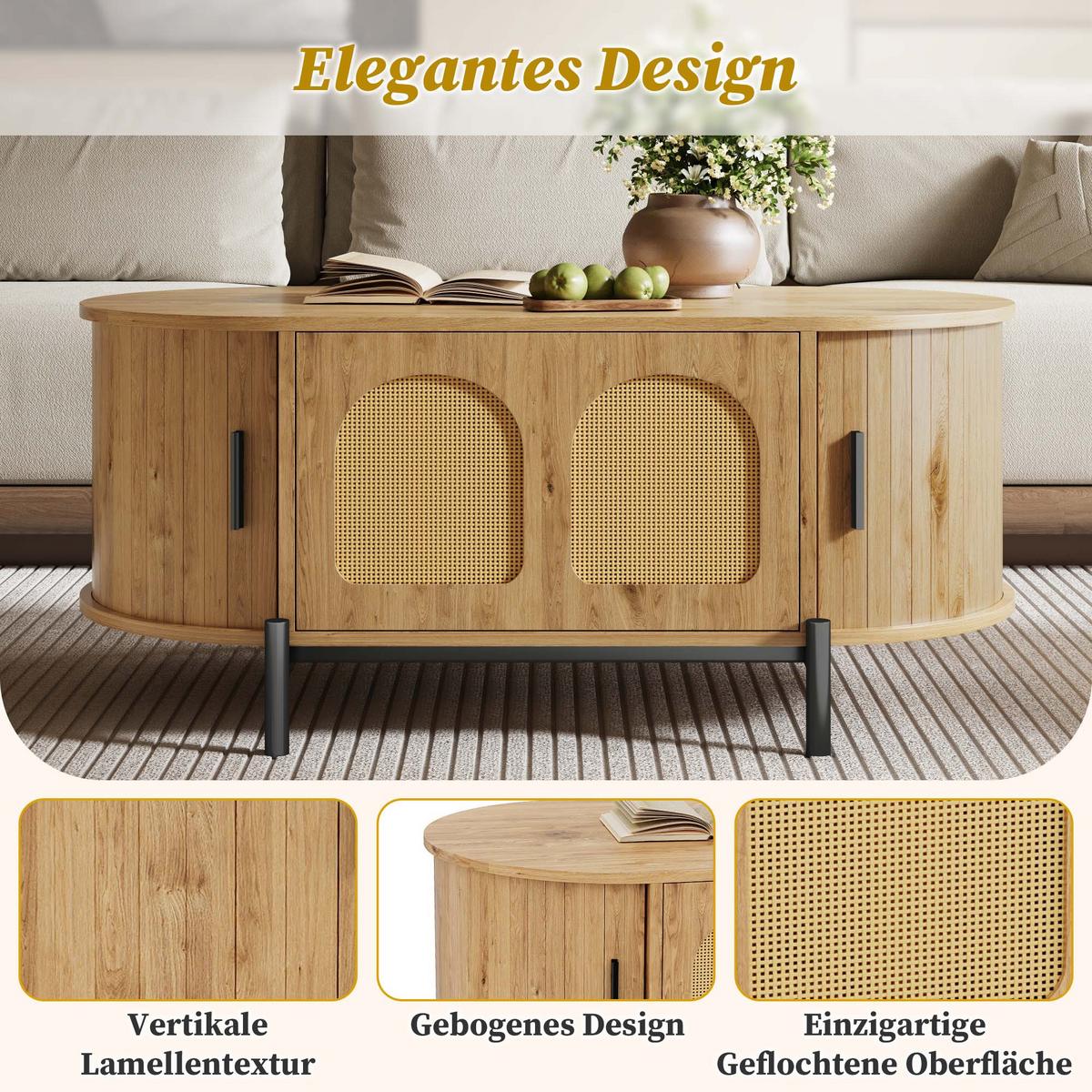 COUCHTISCH in holzoptik mit rattan, ovale form und schiebetüren - Naturfarben, Holzwerkstoff (50/100/40cm) - Urban Meuble