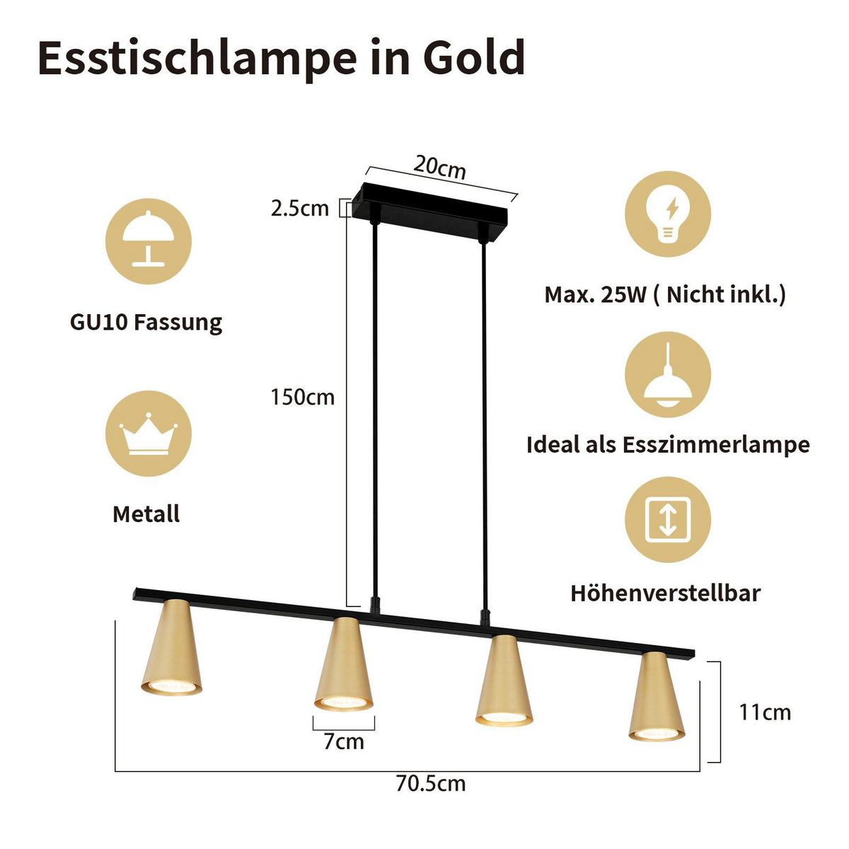 PENDELLEUCHTE Aurora 70/7/160 cm - Goldfarben, Metall (70/7/160cm) - ZMH