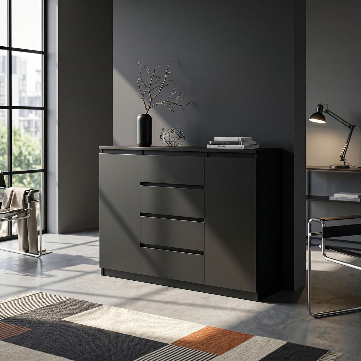 KOMMODE NUDO 120/101,5/39cm mit 4 Schubladen 2 Türen Schwarz - Schwarz, Holzwerkstoff (120/101.5/39cm) - MASSENO