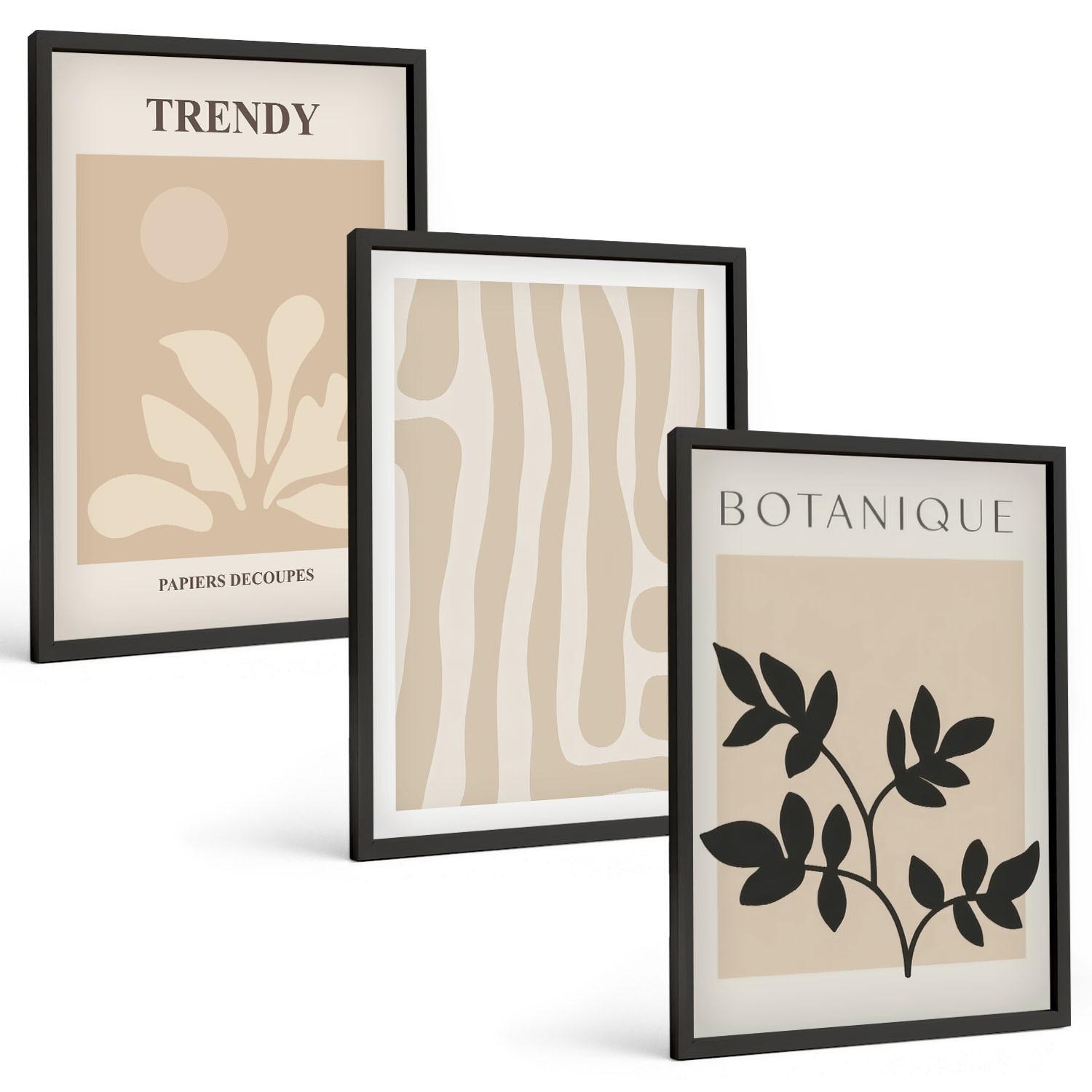 BILDER SET 3er Set - 40x60 cm Schwarzer Rahmen - Stilvolle Pflanzenmuster in Beige und Schwarz - Schwarz, Kunststoff (40/60cm) - TULUP