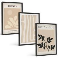 BILDER SET 3er Set - 40x60 cm Schwarzer Rahmen - Stilvolle Pflanzenmuster in Beige und Schwarz - Schwarz, Kunststoff (40/60cm) - TULUP