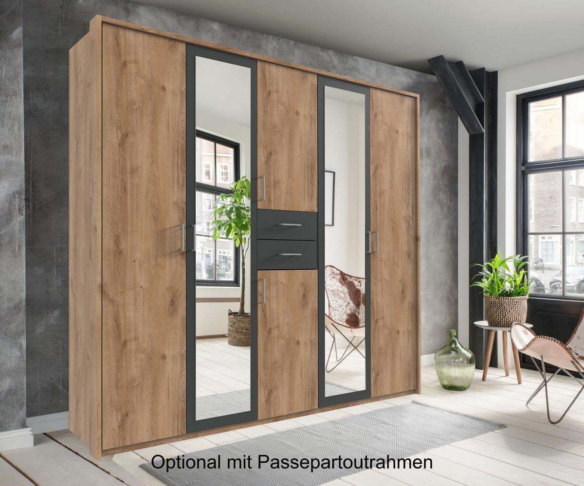 DREHTÜRENSCHRANK B225/H208/T58 cm, Eiche Dekor mit Absetzungen in Grafit, Kleiderschrank mit 2 Spiegeltüren & Schubkästen / 22592 - Eichefarben/Silberfarben, Holzwerkstoff/Kunststoff (225/208/58cm) - luma-home