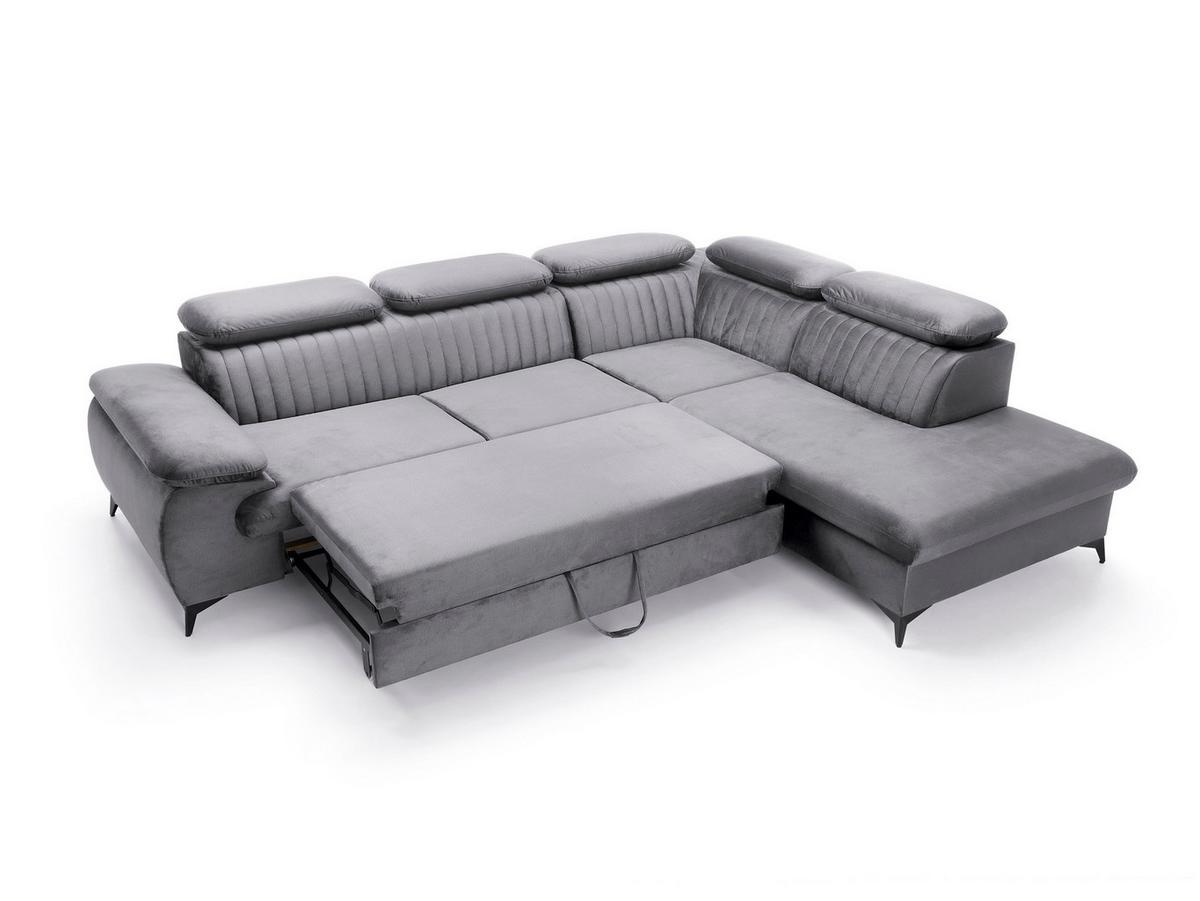 ECKSOFA FIORE Grau Velours-Stoff mit Schlaffunktion - Grau, Holz (275/221cm) - MASSENO