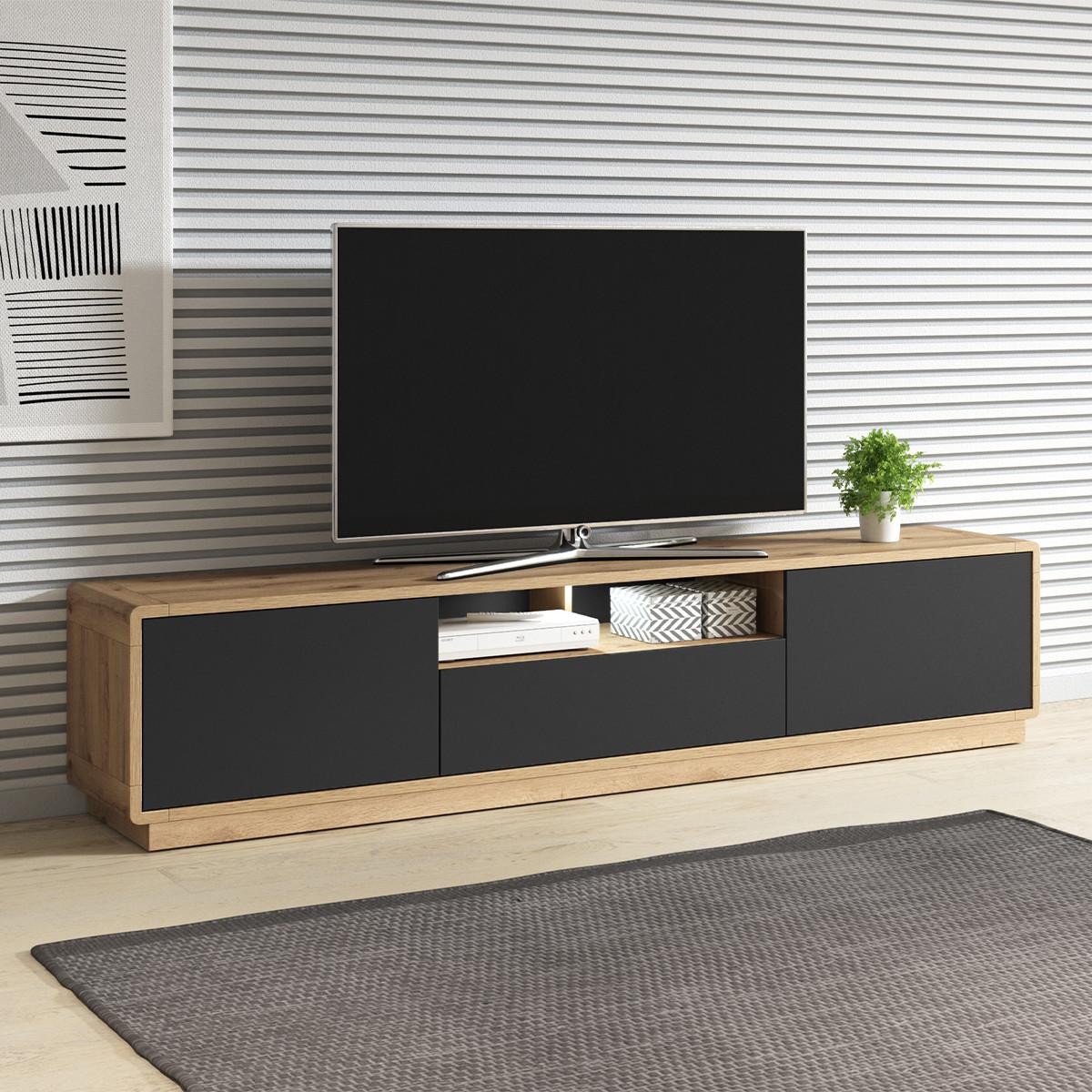 TV-MÖBEL Raven Mattschwarz und Holz - Schwarz, Holzwerkstoff (200/45/40cm) - Petits-meubles