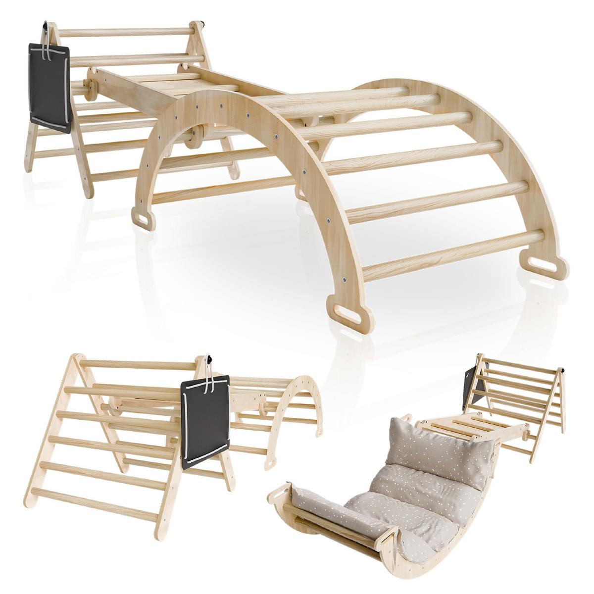 KLETTERDREIECK Movario mit Kissen 80x50cm - Klein - Naturfarben, Holz (54/55/54cm) - Juskys