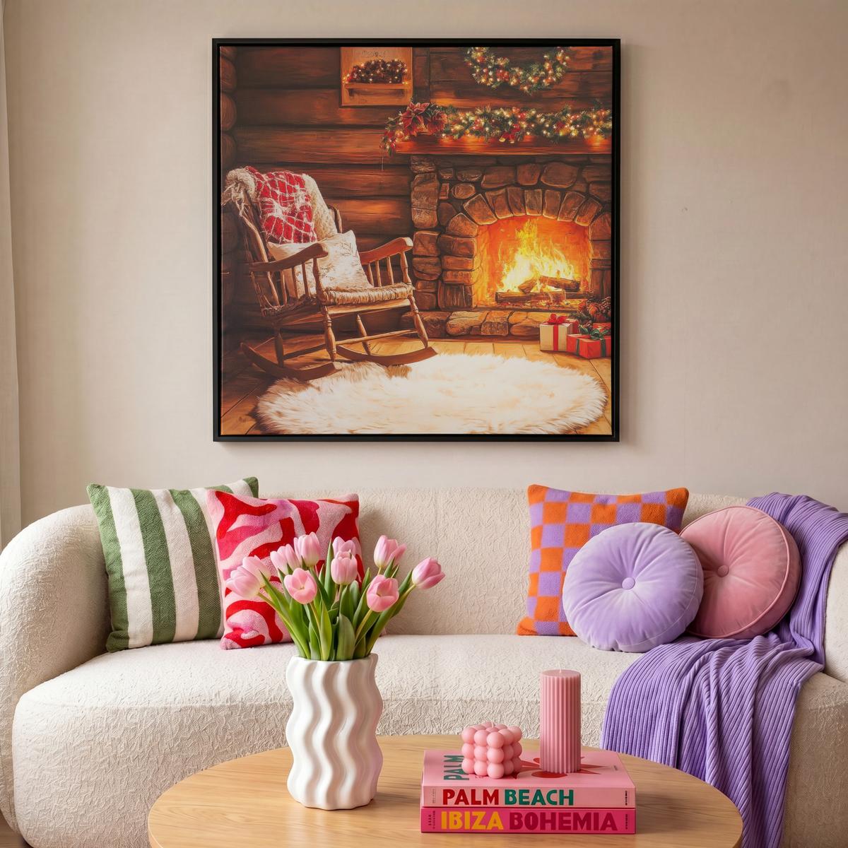 LEINWAND Bilder mit Rahmen - Winter - Weihnachten - Zuhause - Kamin - 90x90 - Bernsteinfarben, Textil (90/90cm) - MuchoWow
