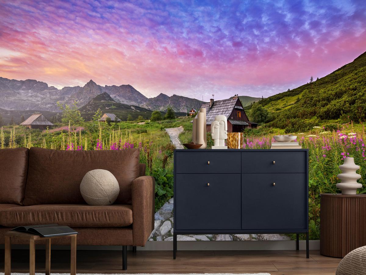 FOTOTAPETE für Schlafzimmer Berglandschaft Holzchalet Natur 500x350 - Beige/Violett, Papier (500/350cm) - Muralo
