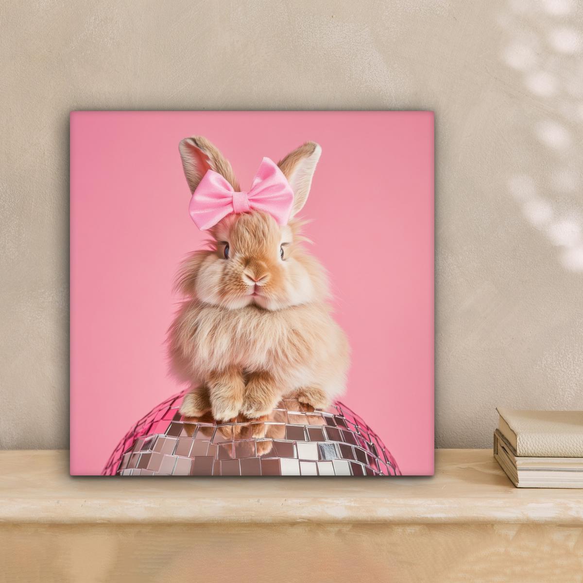 LEINWANDBILD Schleife - Discoball - Kaninchen Deko Wohnzimmer 20x20 cm - Pink, Textil (20/20cm) - MuchoWow