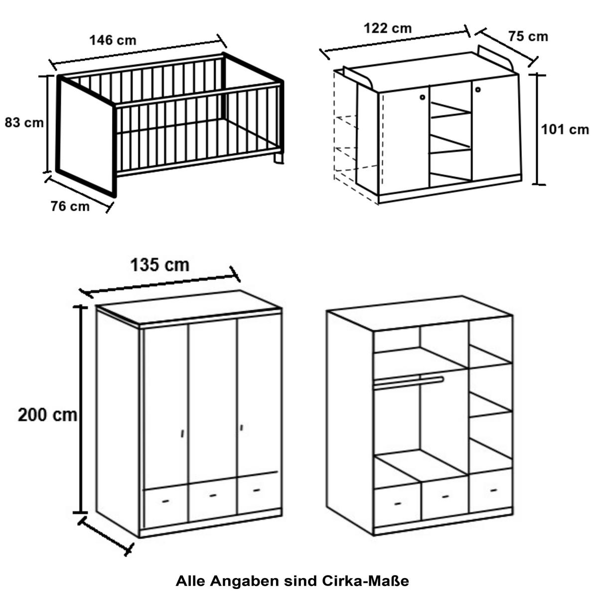 BABYZIMMER-SET 3-teilig: Babybett & Wickelkommode & Kleiderschrank 3-türig mit Schubladen B135/H200/T58 cm, Soft-Close, Landhausstil Weiß / 22804 - Silberfarben/Weiß, Holzwerkstoff/Metall (76/83/146cm) - luma-home