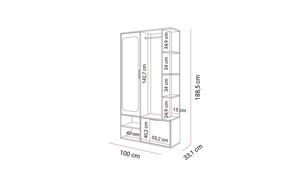 GARDEROBE NOLA 100/33,1/188,5 cm Grau matt mit Spiegel und Schuhschrank - Grau, Holzwerkstoff/Metall (100/188.5/33.1cm) - Lookway
