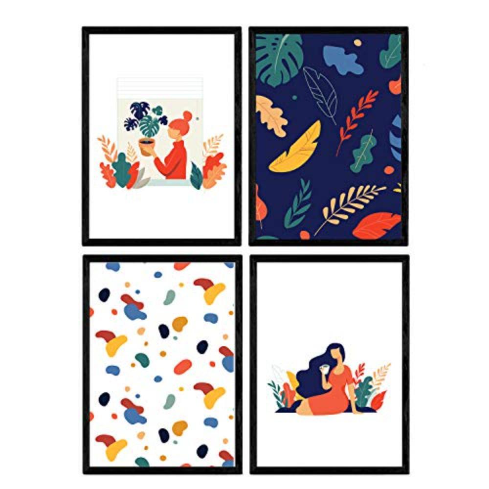 POSTER Set mit 4 Frau mit Kaffee A4 Rahmenlos - Klar, Papier (29.7/3cm) - Nacnic