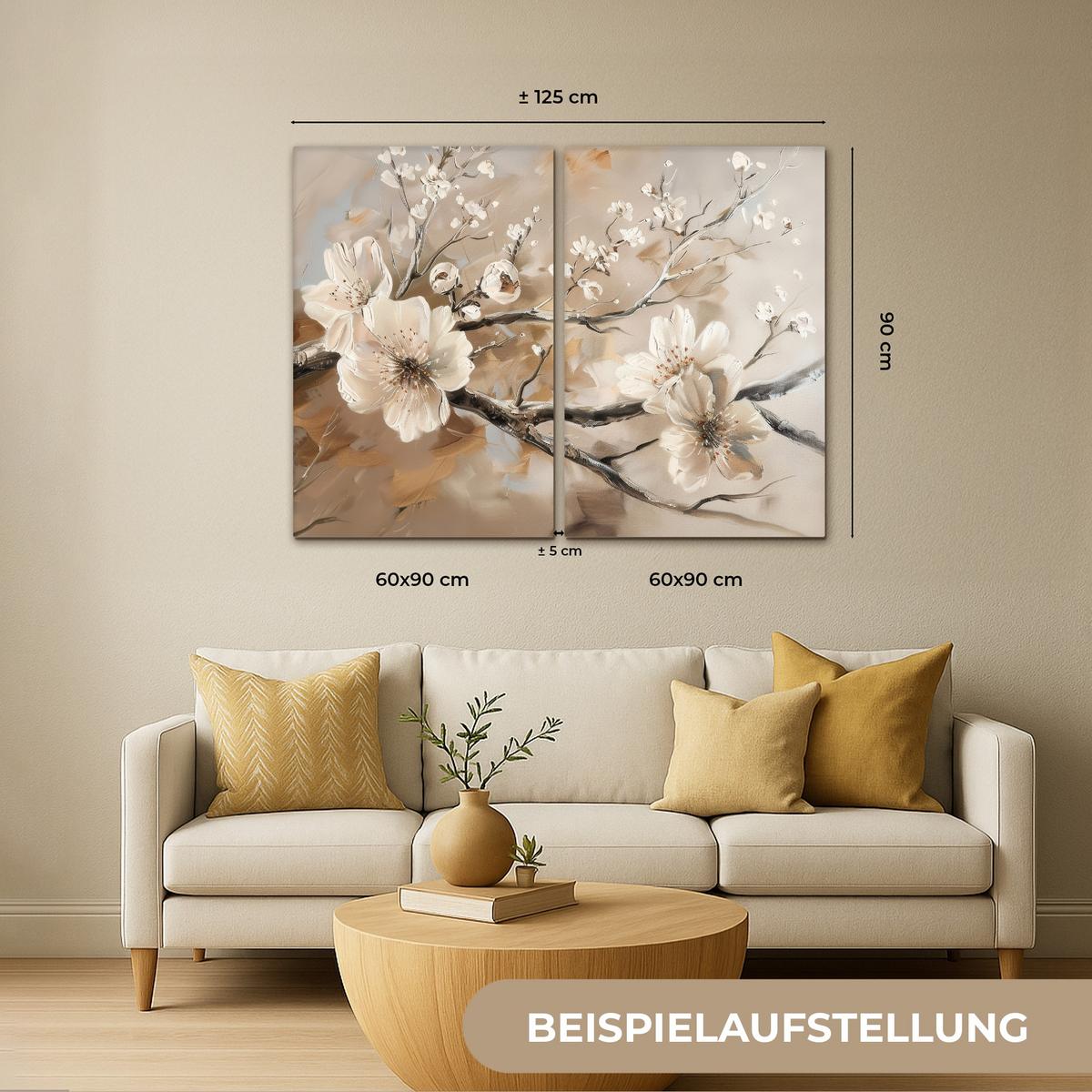 LEINWANDBILD 2er Set Blüte - Beige - Abstrakt - Blumen 160x120 cm - Hellbraun, Textil (160/120cm) - MuchoWow
