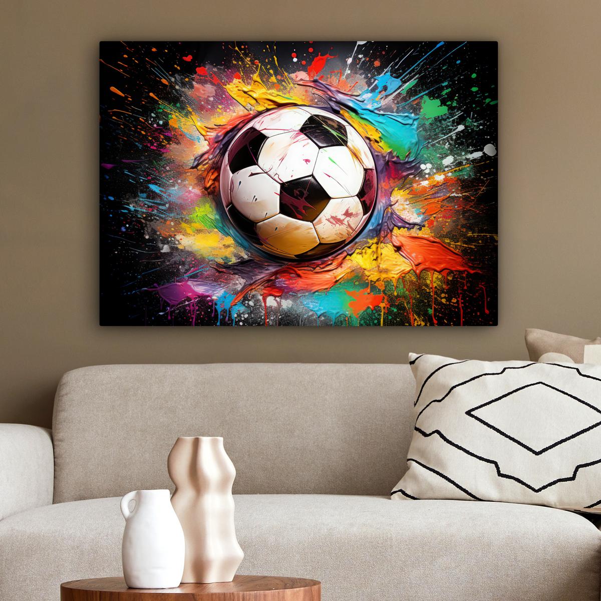 LEINWANDBILD Fußball - Farbe - Farben - Schwarz - Weiß Wandbilder 80x60 cm - Weiß, Textil (80/60cm) - MuchoWow