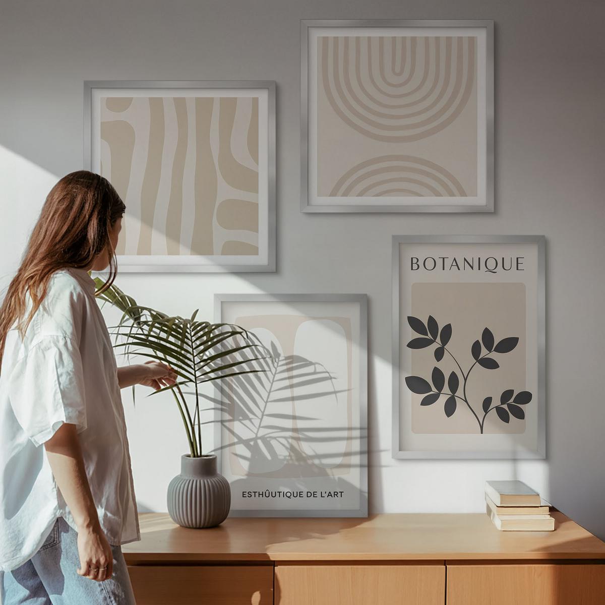 BILDER SET 4er Set - 50x50 cm & 40x60 cm Silberner Rahmen - Boho-Pflanzenposter - Silberfarben, Kunststoff (50/50cm) - TULUP